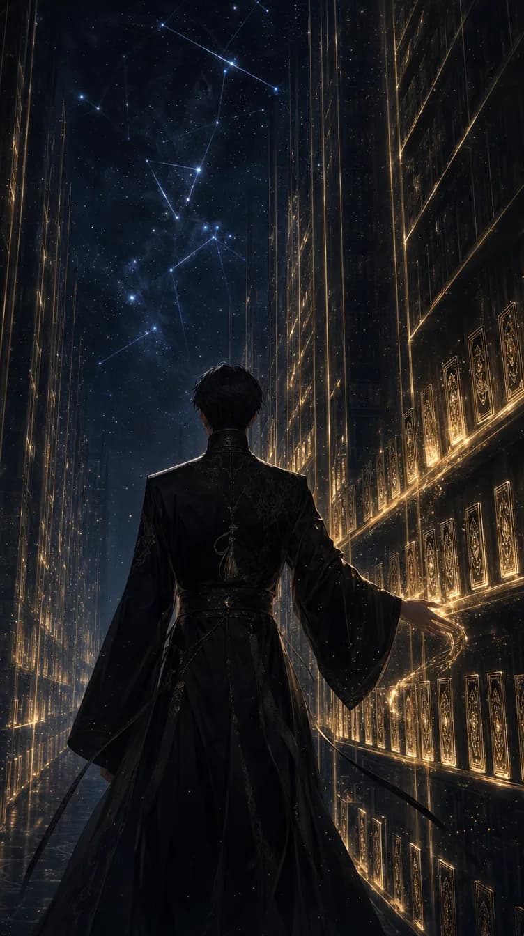 A librarian in a black coat seen from behind, walking between the shelves