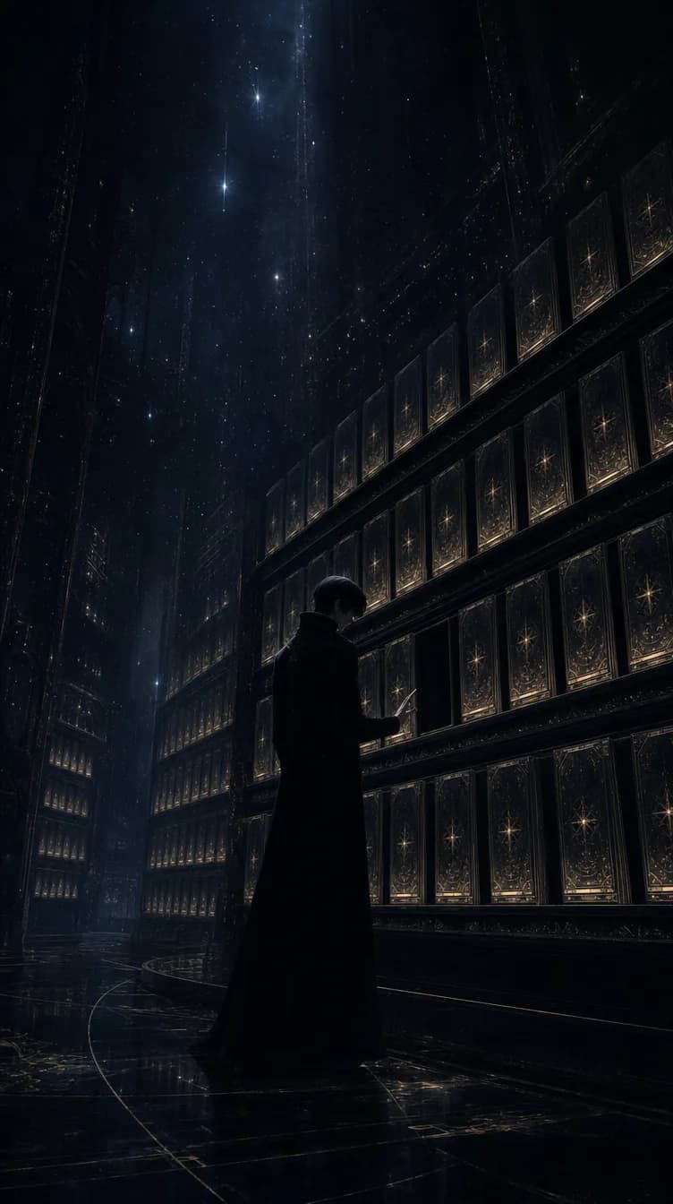 A dark hall of shelves; a lone silhouette before a single empty slot