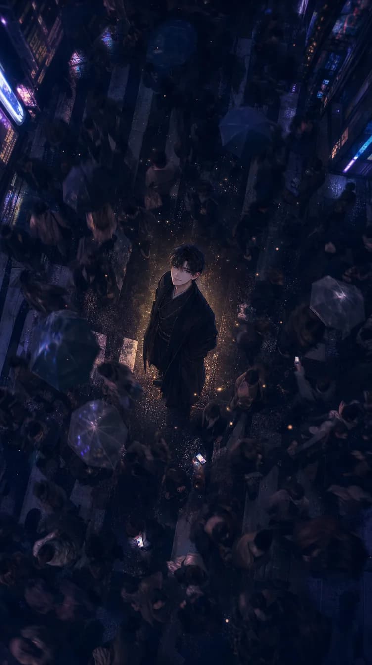 Haru relaxing on a city rooftop at night, ignored summons letters beside him